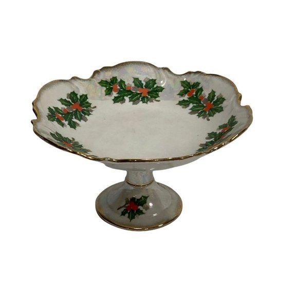 Ucagco Other - Vintage Ucagco Christmas Holly Iridescent Lustreware Pedestal Candy Dish
